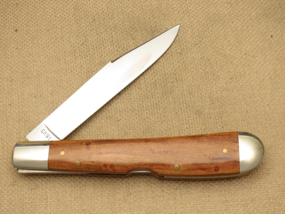 复古 KA-BAR 美国大型锁背折叠刀 Burl 木柄 - 完好刀 — 第 3/4 张图片