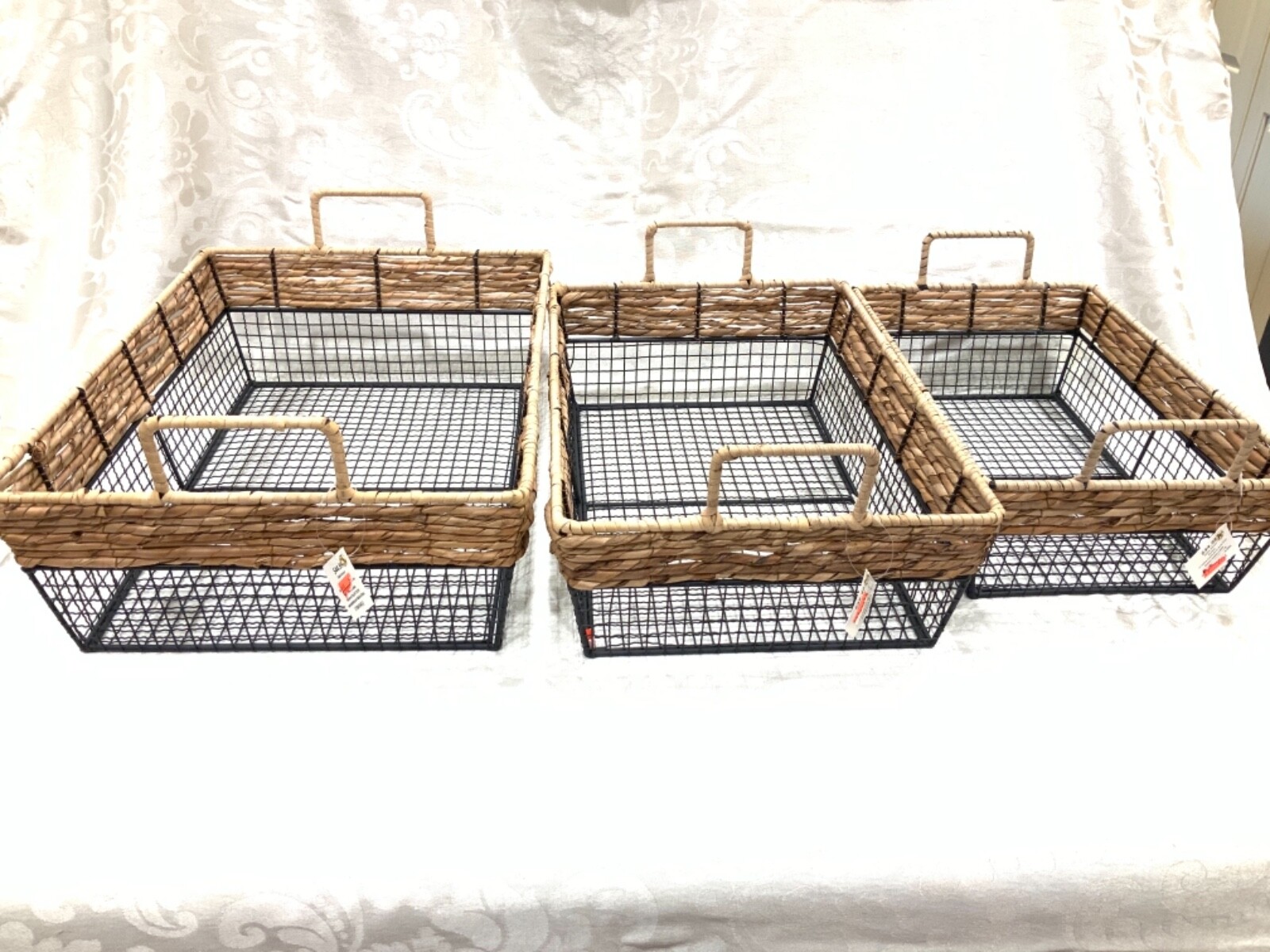 Storage Baskets S M L nesting handles heavy New Set 3 Metal & Sea Grass Rattan-image