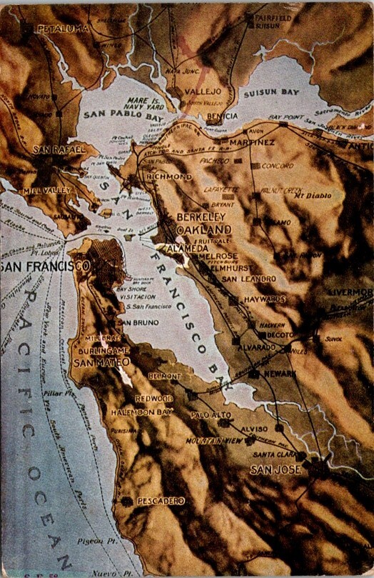 Postcard Aerial Map Cities & Topography San Francisco Bay California 1925   1498