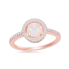Sterling Silver Round White Opal with CZ Halo Ring - Rose Gold Plated