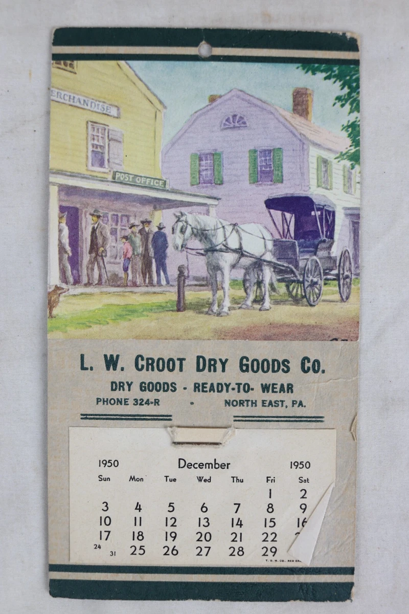 Vintage 1950 L.W. Croot Dry Goods North East PA Advertising Calendar Used |  eBay