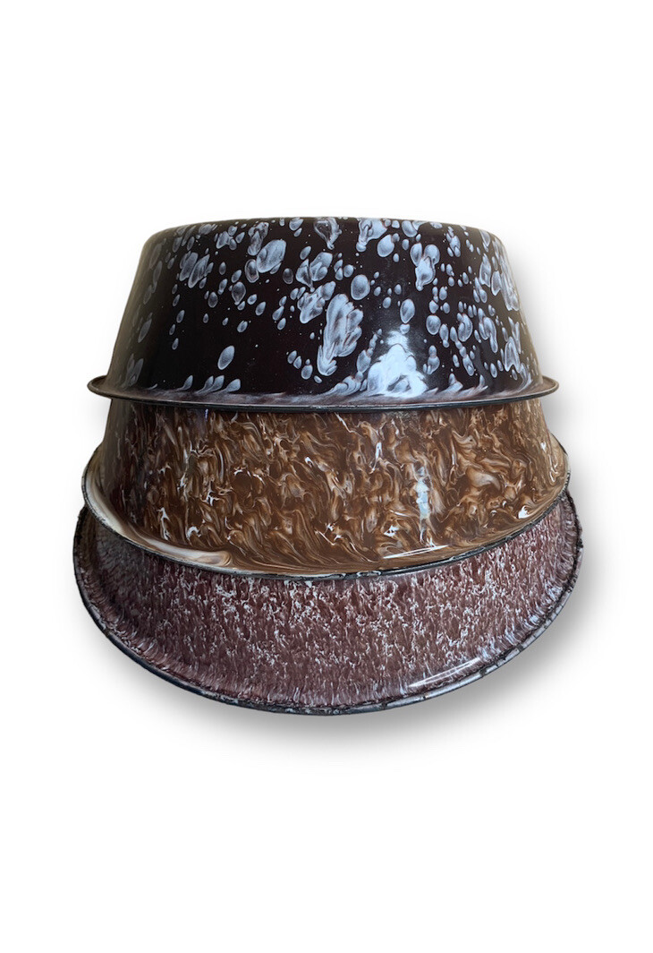 RARE Beautiful Set Of 3 Vintage BROWN & WHITE SWIRL Graniteware Enamelware Bowls