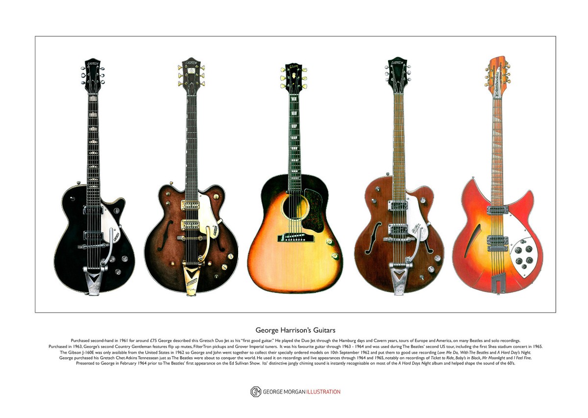 George Harrison's Guitars Limited Edition Fine Art Print A3 size