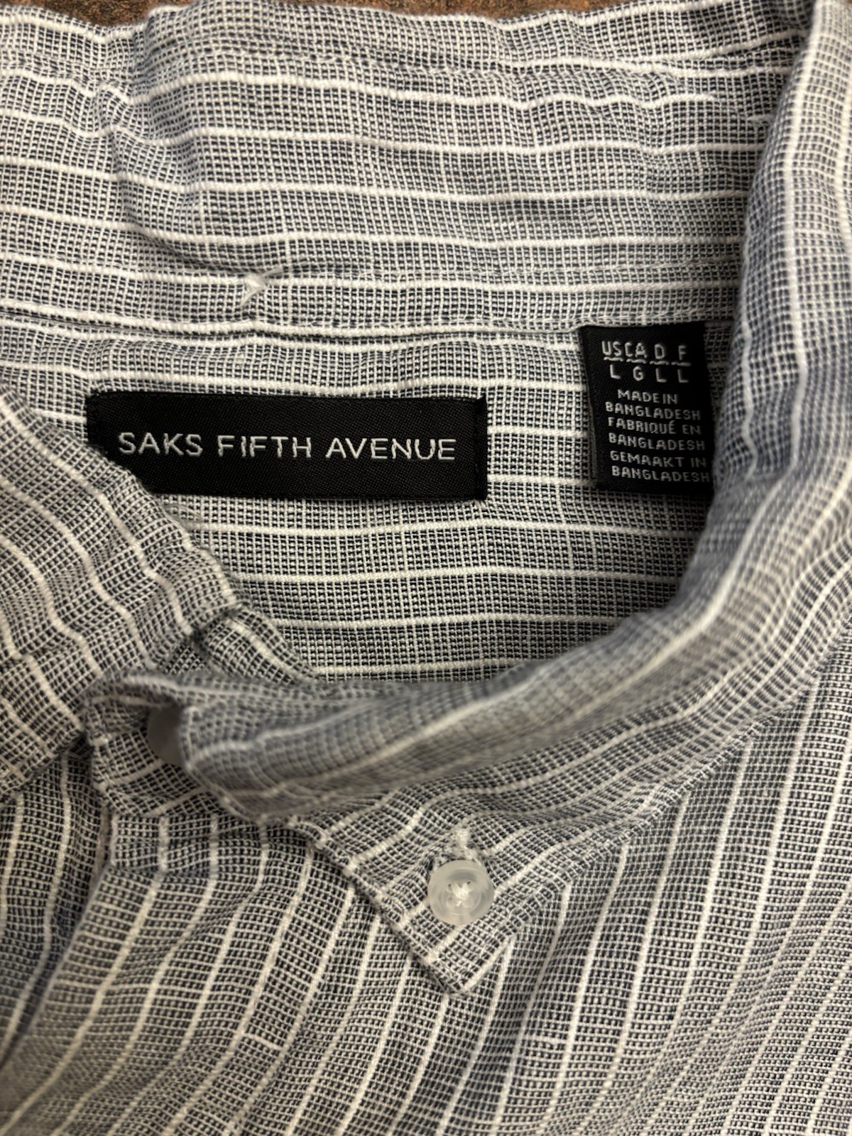 Vintage Saks Fifth Avenue Men Button Down Gray Stripe Linen Short Sleeve Shirt