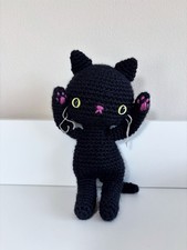 Handmade Black Kitty Cat Wool Amigurumi Crocheted Stuffed Animal Toy Plushie
