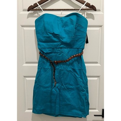 Strapless Blue Dress Brown Belt Size 7 NWT Cocktail Mini Dress Event Wedding