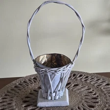 Vintage Small White Twig Wicker Flower Funeral Wedding Basket w Tin Insert 12"