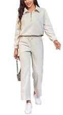 Womens 2 Piece Sets Travel Outfits Half Zip Sweatshirt And Wide Leg Large Beige