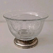Vtg M. Hirsch Co .925 Sterling Base Divided Heisey Etched Glass Serving Bowl 50s