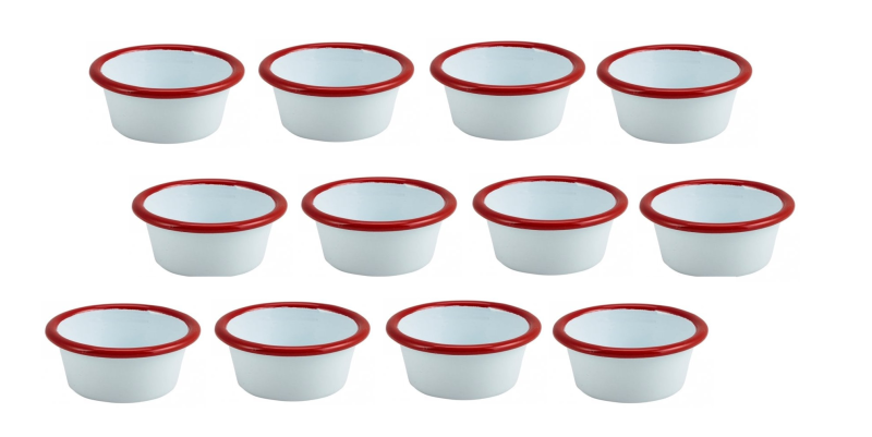 Pack of 12 Enamel Ramekin White with Red Rim 8cm 90ml/3.2oz VAT 52308WHR Genware