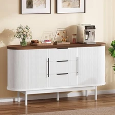  55'' Fluted Buffet Cabinet with 3 Large Drawers, Fluted White & Brown
