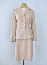 Vtg 40s 50s Beige Wool Gabardine 2-pc Straight Skirt Jacket Secretary Suit S/M
