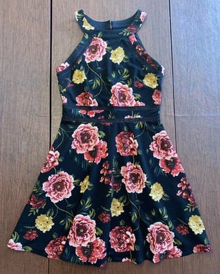 BCX Womens Juniors' Sz 7 Fit & Flare Skater Dress Sleeveless Black Floral