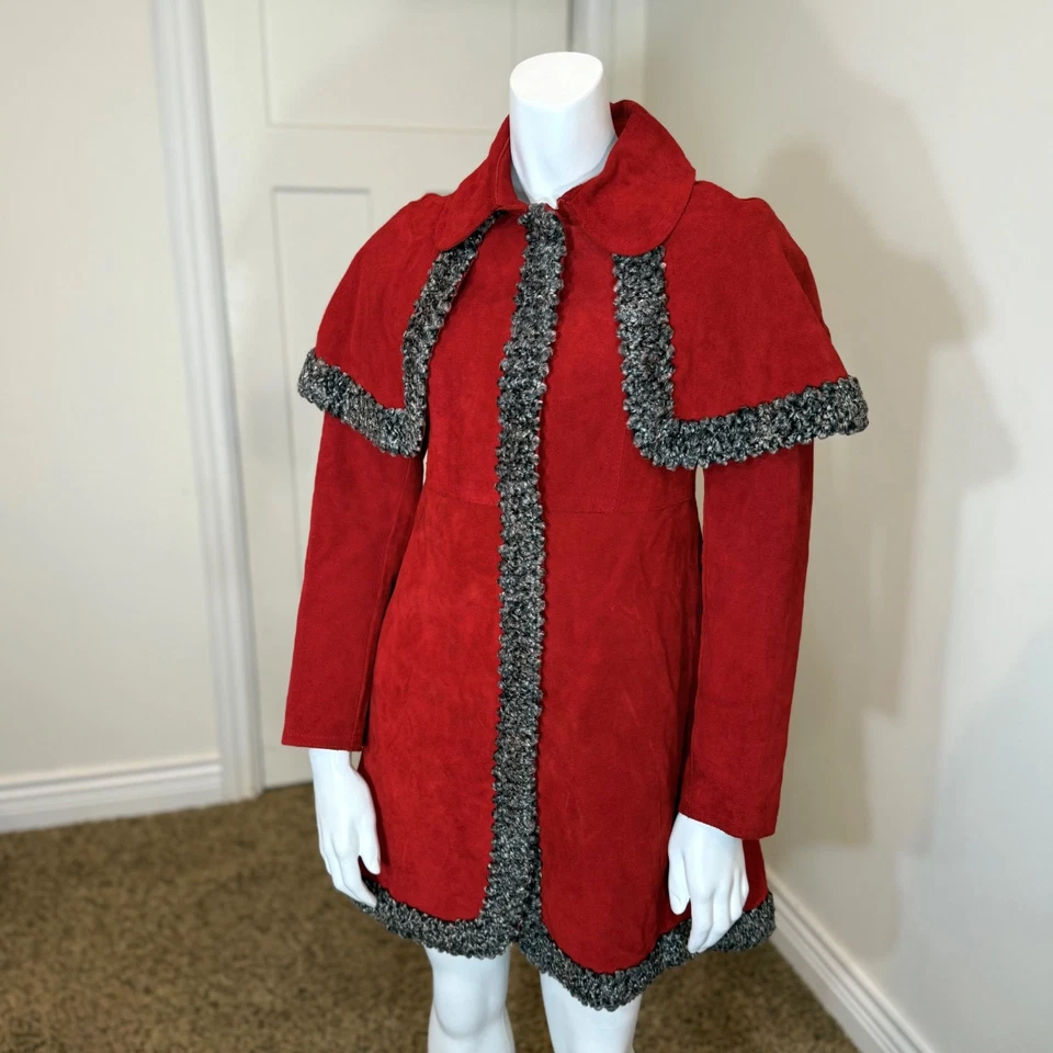 Vintage 70’s PENNY LANE SUEDE CAPE COAT M Leather Fur Jacket Western Cowgirl Red - Image 2 of 4