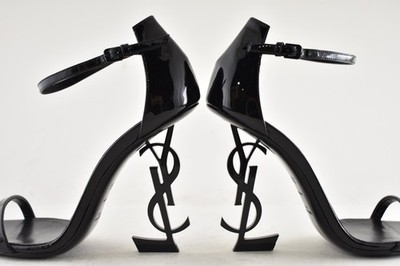 Saint Laurent Opyum 110 Black Patent Leather YSL Logo Sandal Heel