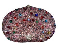 Peacock PINK Rhinestone Evening Bag Luxury Beaded Clutch Purse Gold Trim Chain