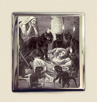 Black Cat Attack Cigarette Case Business Card ID Holder Wallet Vintage Fairytale
