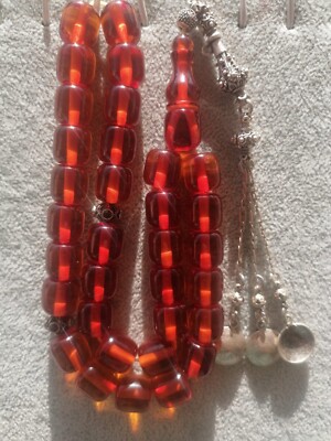German Faturan Cherry Amber Bakelite 33 Prayer Beads Tesbih Misbaha Rosary 