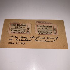 2 1937 Minneapolis Auditorium Basketball Tournament Ticket $1 Final Game