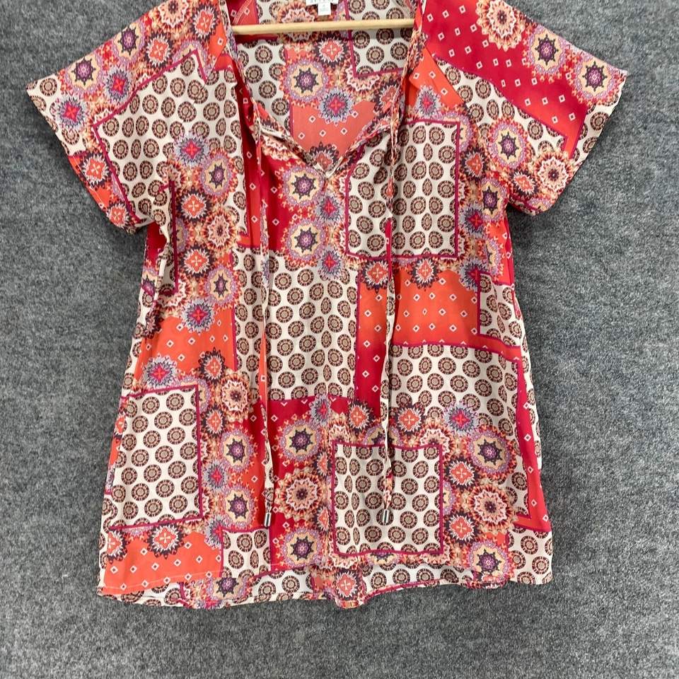 Spense Blouse Women M Medium Red Geometric V-Neck Tasseled Short Sleeve Casual - Image 4 of 4