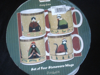 Sakura Cozy Cats Stoneware Mugs Fiddlestix Set of Four NEW