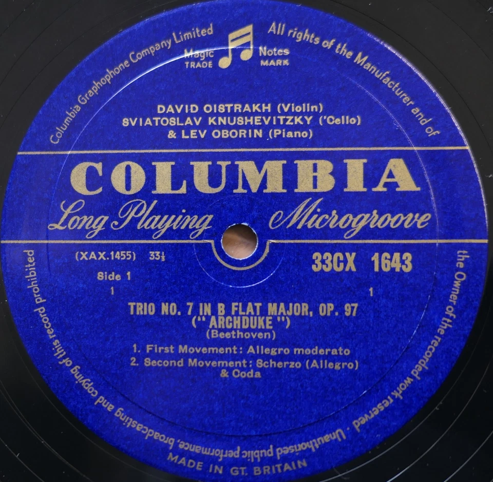 33CX 1643 Beethoven Archduke Trio Oistrakh Trio Columbia B/G Mono (= SAX 2532) - Image 2 of 4