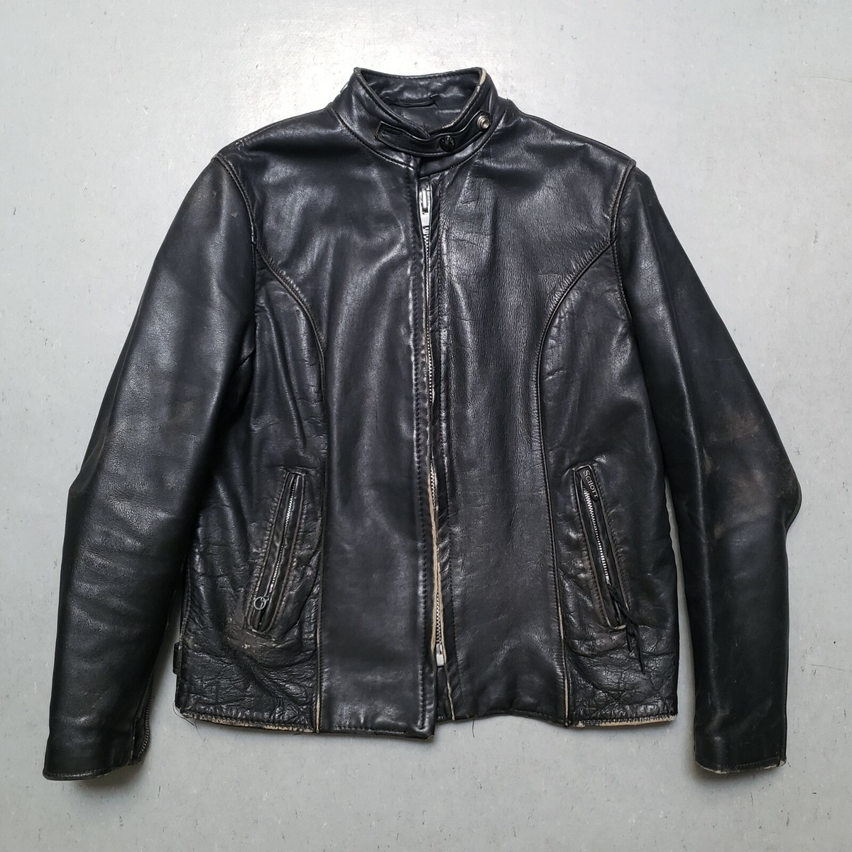 Vtg SCHOTT Cafe Racer Black Leather Motorcycle Biker Jacket S Made