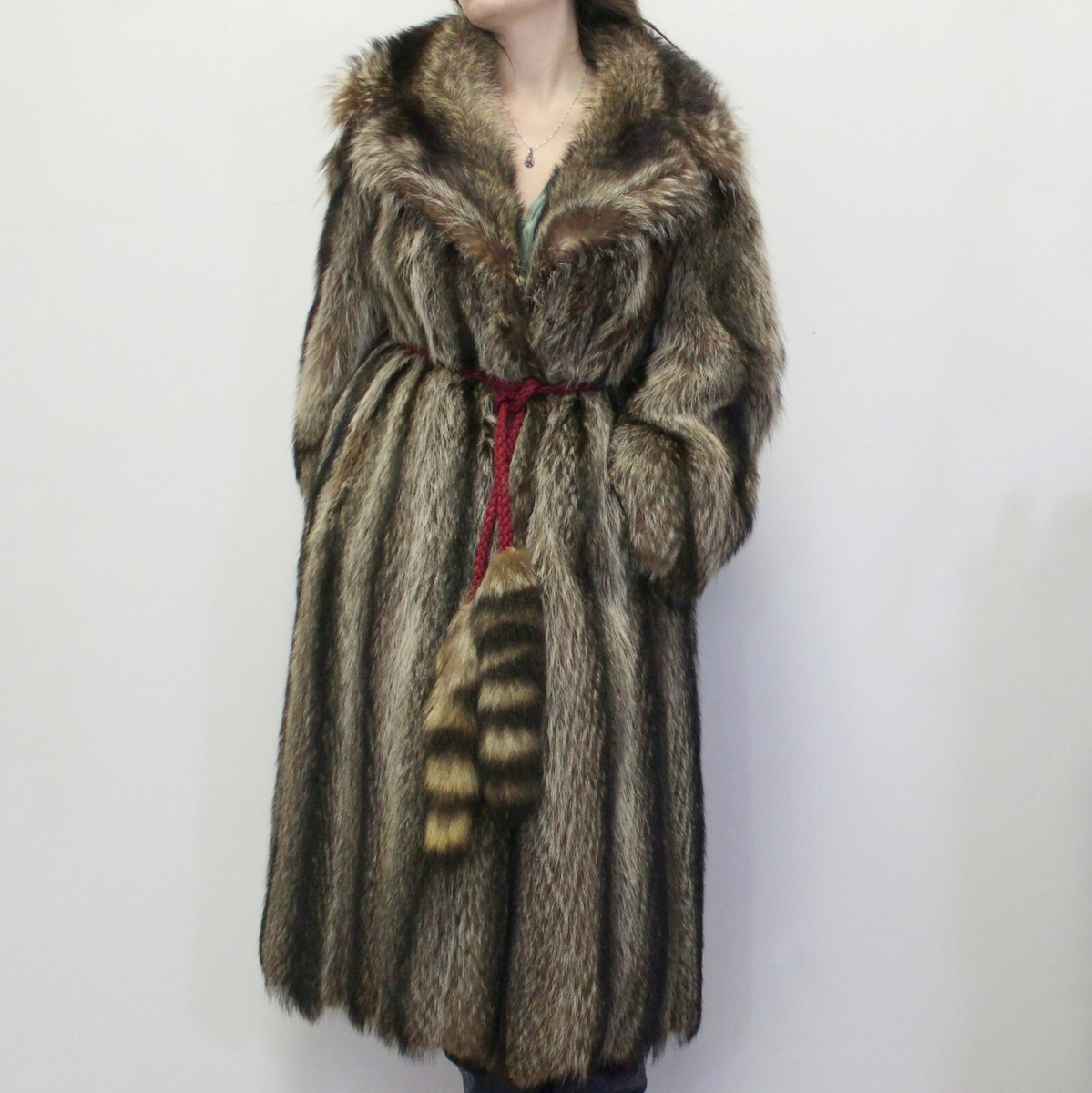 Vintage 50s Racoon Fur Full Length Coat with Satin Lining Glamorous  Luxurious