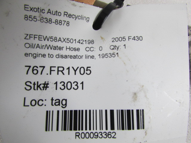 Ferrari F430, Engine To Disareator Oil Hose, Used, P/N 195351