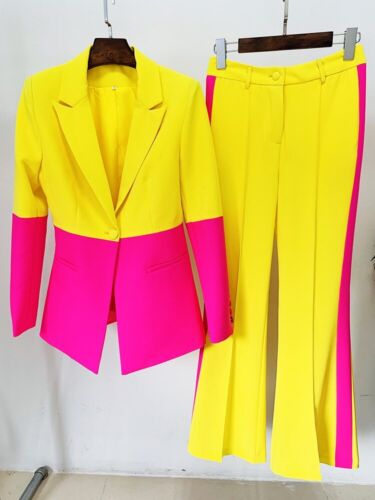 New Women Suit 2pc Set Single Button Color Block Blazer Coat Flare Pants Costume - Afbeelding 1 van 14