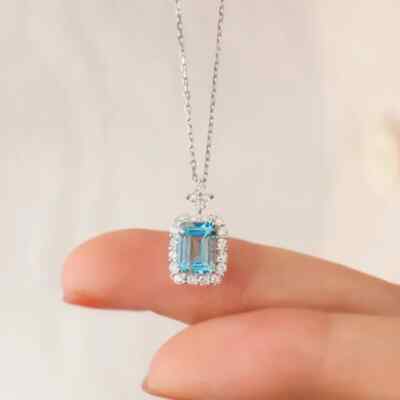 3Ct Emerald Cut Lab Created Aquamarine Valentine Pendant 14K White Gold Plated