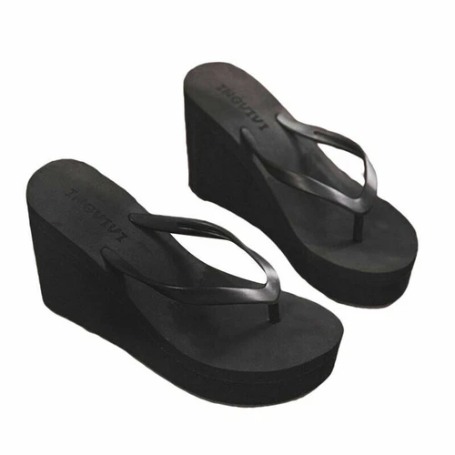 Damen Sommersandalen Plateau Keilabsatz Hausschuhe einfarbige Schuhe mittlere Absätze Flip Flops - Bild 17 von 59
