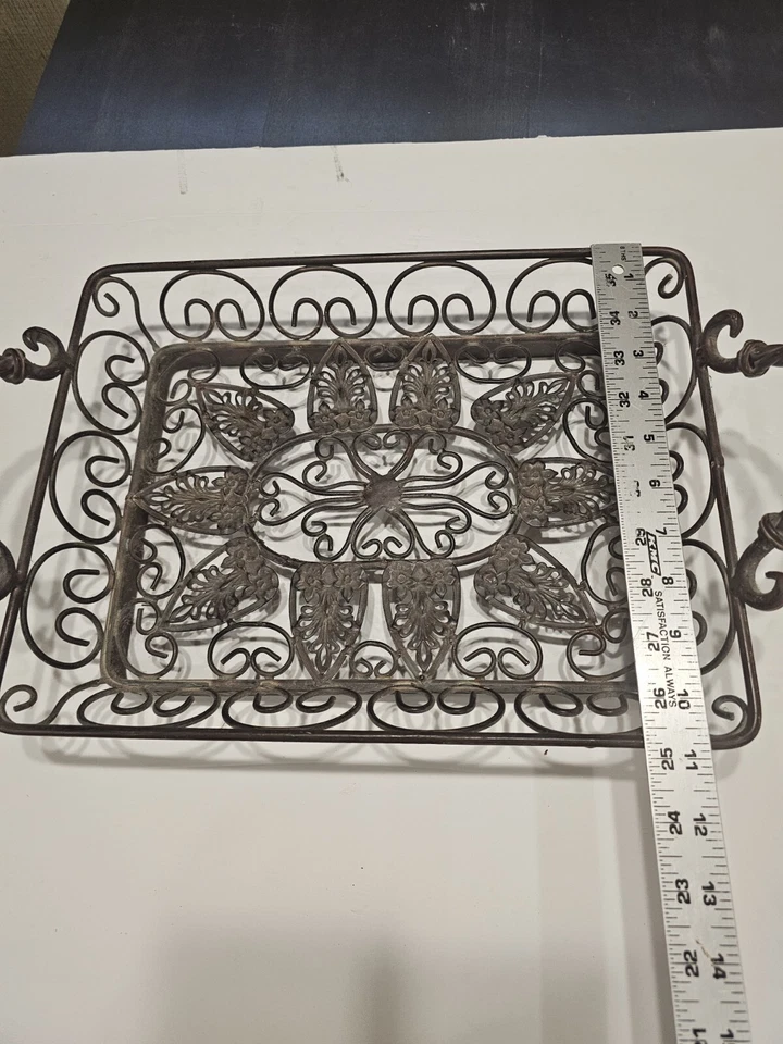 Heavy Wrought Iron Handled Decorative Tray Black Scrolled Pattern 14"x11". - Image 4 of 4