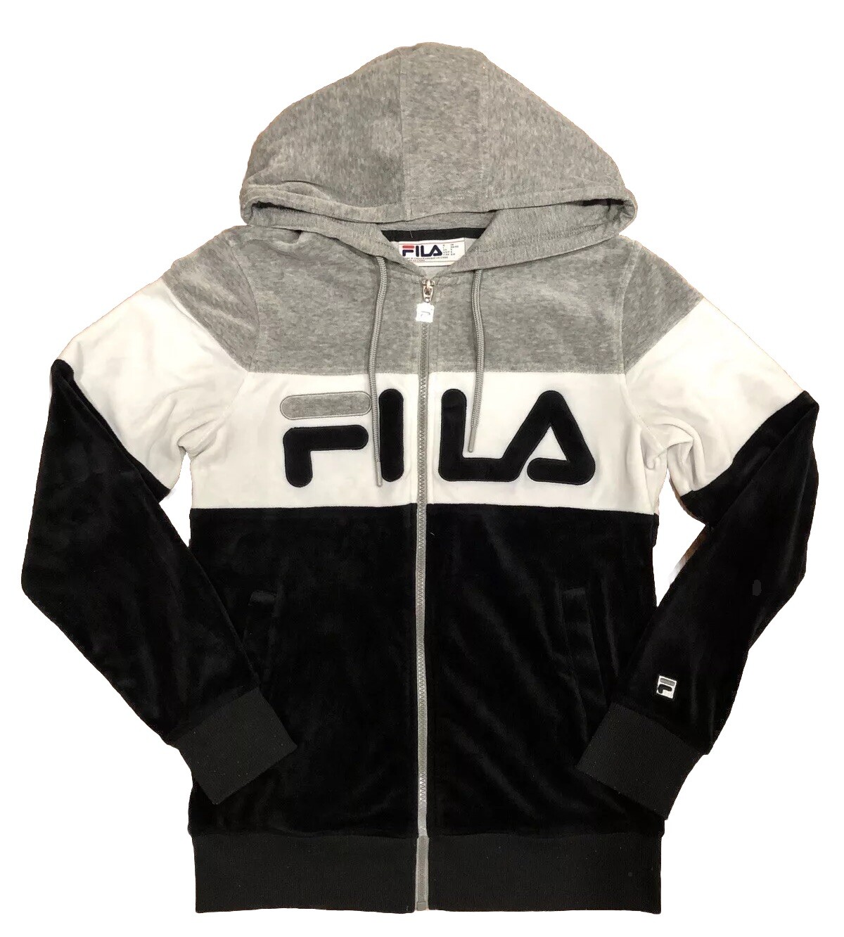 Fila Velour Nero Grigio Bianco Full Zip Track Felpa con Cappuccio Giacca Pile Small Y2K