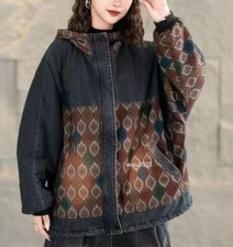 Retro Womens Short Coat Zipper Hooded Floral Jacket New Cotton Outwear Parka