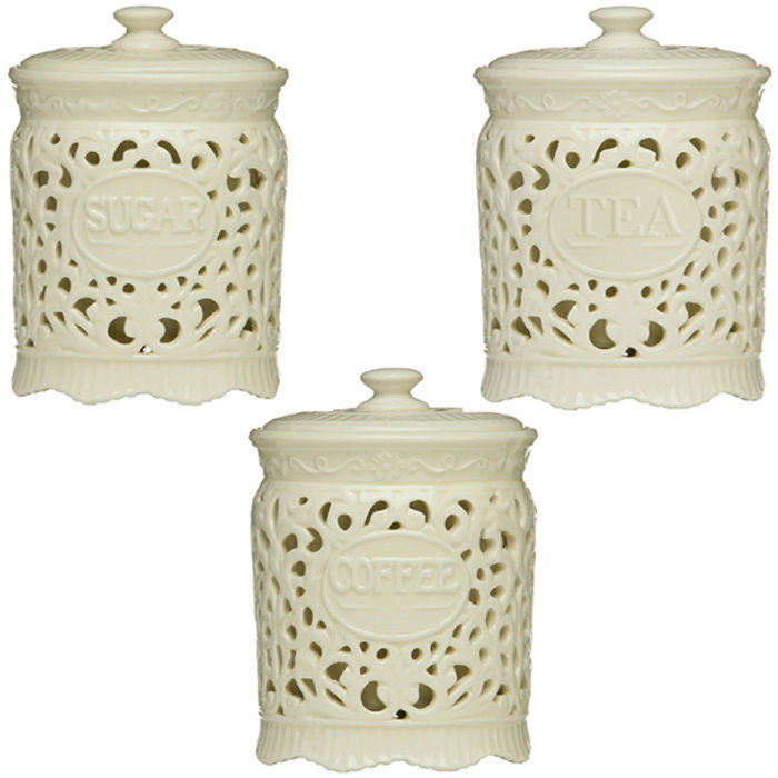 Tea Coffee Sugar Cream Ceramic Lace Canister Jar Great For Home Kitchen