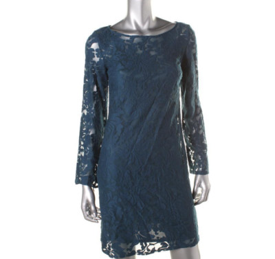 Laundry ~ Blue Illusion Lace Yoke Long Sleeve Shift Party Dress 2 NEW $265