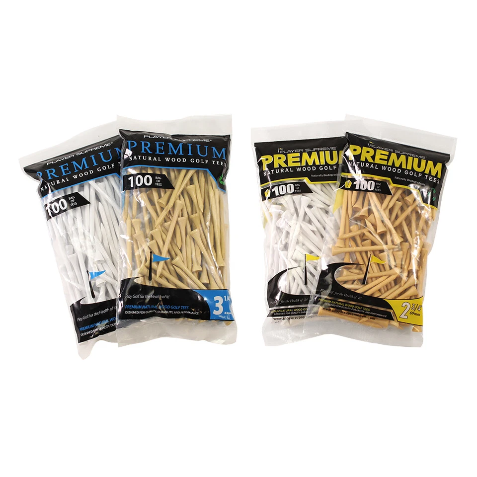 100 Pack White or Natural 2-3/4" or 3-1/4" Player Supreme Premium Wood Golf Tees