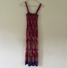 Women's M Pink Purple Yellow Floral Smocked Stretch Strappy Square Neck Maxi