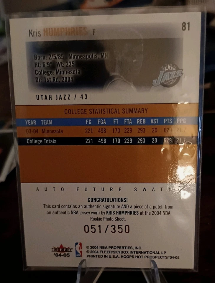 Parche automático de 4 colores Hot Prospects Kris Humphries 2004-05 radiocontrol redes raras SP #051/350 Foto 2 de 2