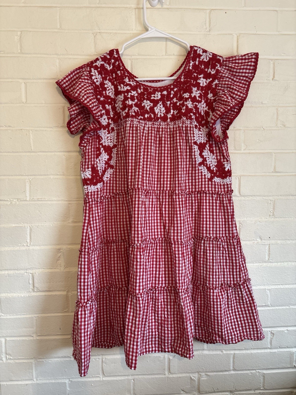 J Maire Red White Gingham Plaid Embroidered Ruffle Sleeve A Line Swing Dress M