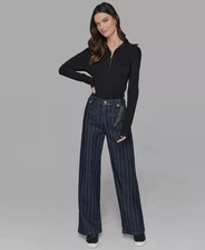 KARL LAGERFELD PARIS Women's Pants Sz 14 Striped Denim Belted