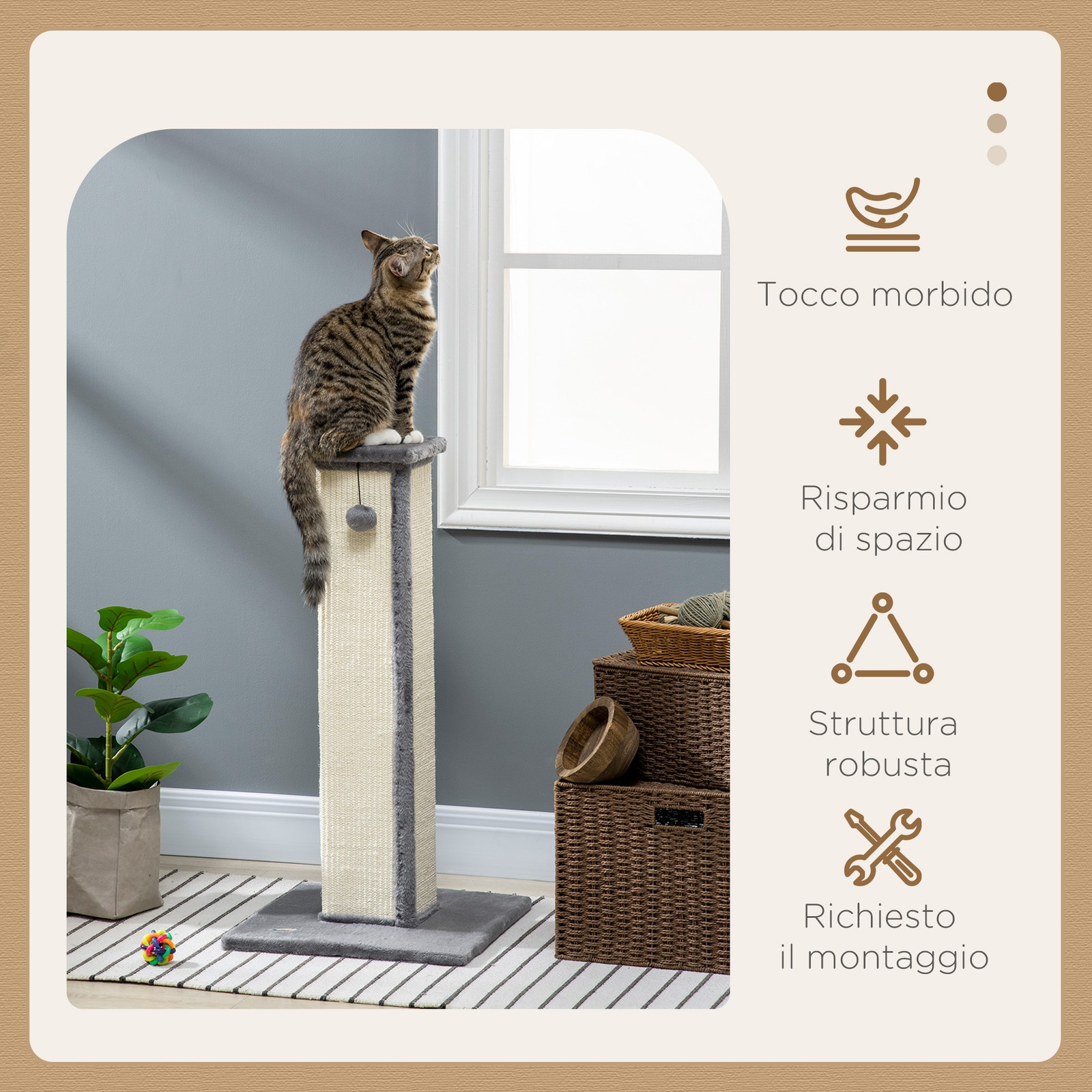 Tiragraffi per Gatti con Pallina, Palo in Sisal e Rivestimento in Peluche, 41x41 foto 4