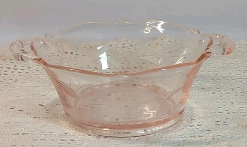 Vtg Pink Depression Glass Dish Handles Etched Flowers Bubbles In Glass Granny
