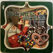 Collectible Green Christmas Candy Tin Box Nancy Adams Premier Pretzels Santa