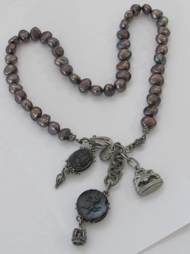Robin Steele Victorian Revival Natural Peacock Pearl Bead Fob Charm 20" Necklace - product listing photo