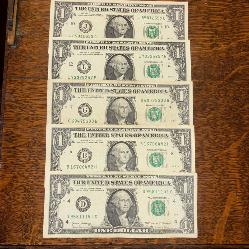 Five $1 Bills w/Over Ink on Number in Each Serial Number