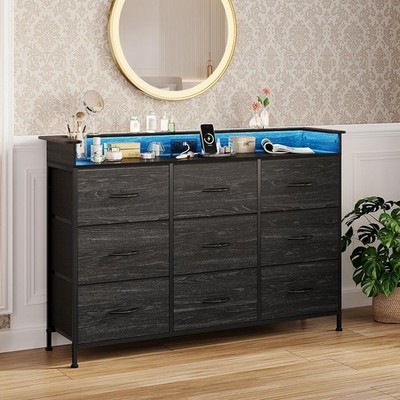 Black Dresser with Charging Station 9 Drawers Dresser with LED Light and USB ...