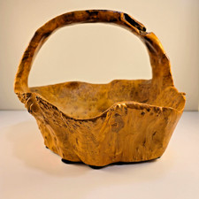 Hand Carved Burl Wood Tree Root Basket Bowl Handle Rustic, Folk, Boho