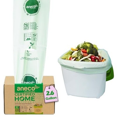 ANECO 100% Compostable Waste Bags 2.6 Gallon (Flat Top Bags, 50 Count)